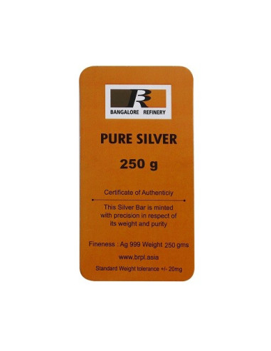 Bangalore Refinery Silver Bar Of 250 Grams in 999 Purity / Fineness