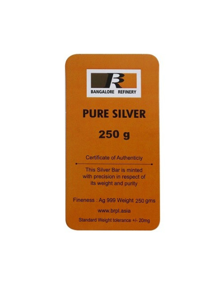 Bangalore Refinery Silver Bar Of 250 Grams in 999 Purity / Fineness