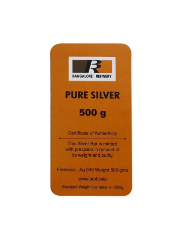 Bangalore Refinery Silver Bar Of 500 Grams in 999 Purity / Fineness