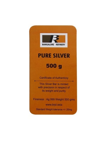 Bangalore Refinery Silver Bar Of 500 Grams in 999 Purity / Fineness