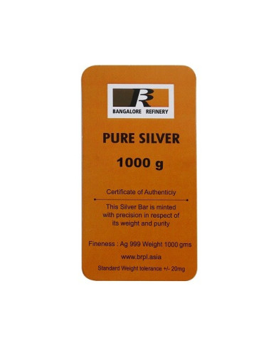 Bangalore Refinery Silver Bar Of 1 Kg in 999 Purity / Fineness