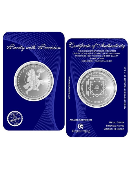 Omkar Mint Hanuman Silver Coin of 10 Grams in 999 Purity Fineness
