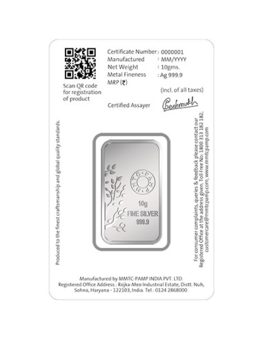 MMTC-PAMP Banyan Tree Silver Ingot Bar of 10 Gram in 999.9 Purity / Fineness in Certi Card