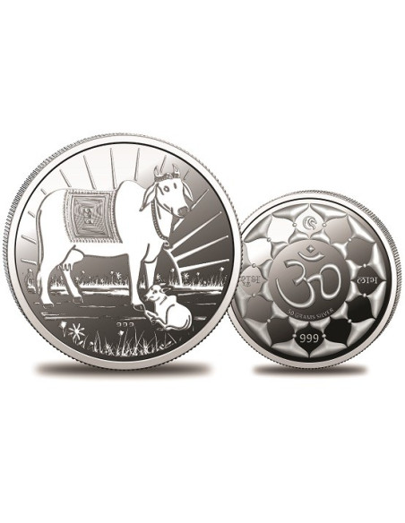 Omkar Mint Kamdhenu Mata Silver Coin of 50 Grams in 999 Purity Fineness