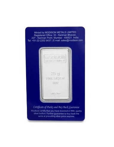 Modison Radha Krishna Silver Bar of 25 Grams in 24Kt 999 Purity Fineness in Certicard
