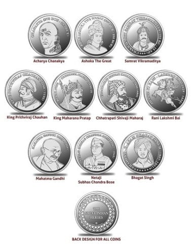 Omkar Mint The Great Indian Heroes  Silver Coins 10 gm each in 999 Purity Set of 10