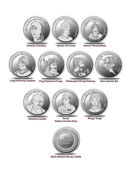 Omkar Mint The Great Indian Heroes  Silver Coins 10 gm each in 999 Purity Set of 10