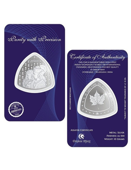 Omkar Mint Triangle Shubh Vivah Silver Coin Of 10 Grams in 999 Purity Fineness