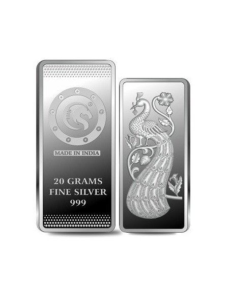Omkar Mint Peacock Silver Bar Of 20 Grams in 999 Purity Fineness