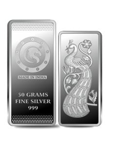 Omkar Mint Peacock Silver Bar Of 50 Grams in 999 Purity Fineness