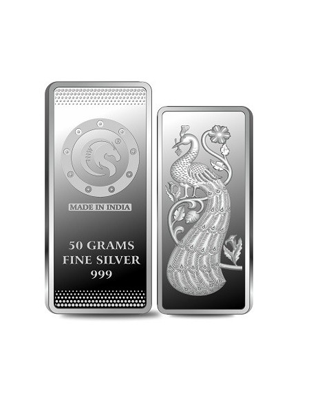 Omkar Mint Peacock Silver Bar Of 50 Grams in 999 Purity Fineness