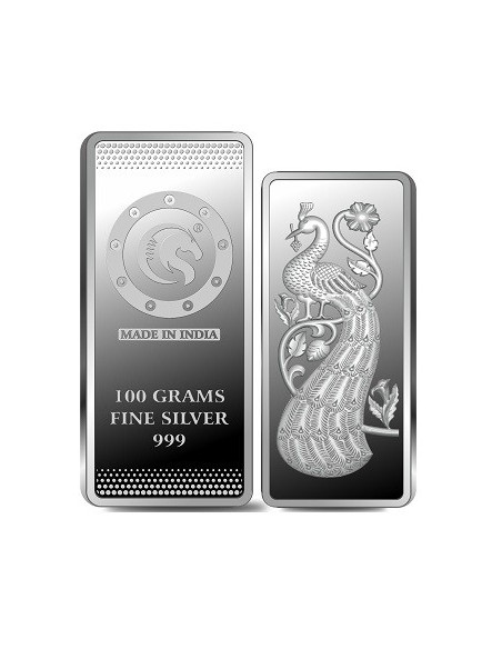 Omkar Mint Peacock Silver Bar Of 100 Grams in 999 Purity Fineness