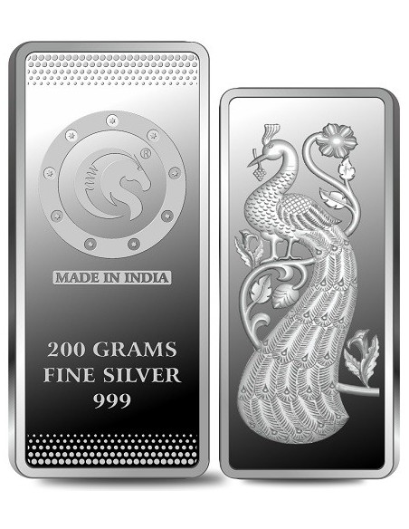 Omkar Mint Peacock Silver Bar of 200 Grams in 999 Purity Fineness