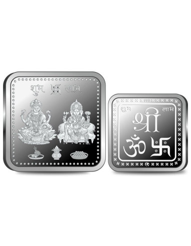 Omkar Mint Square Lakshmi Ganesh Silver Coin Of 10 Grams in 999 Purity Fineness