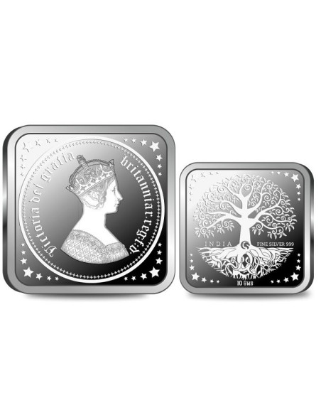 Omkar Mint Square Queen Victoria Silver Coin Of 10 Grams in 999 Purity Fineness