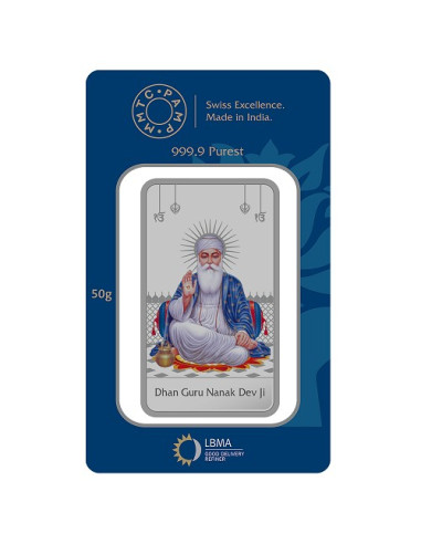 MMTC PAMP Silver Color Bar Gurunanak Dev Ji of 50 Gram in 999.9 Purity / Fineness