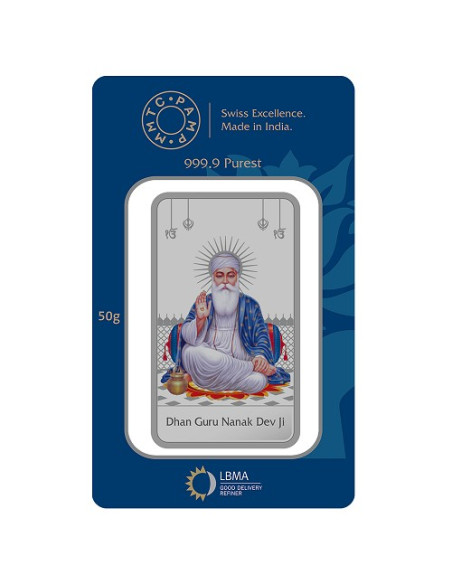 MMTC PAMP Silver Color Bar Gurunanak Dev Ji of 50 Gram in 999.9 Purity / Fineness