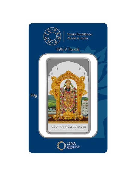 MMTC PAMP Lord Balaji Color Silver Bar of 50 Gram in 999.9 Purity / Fineness