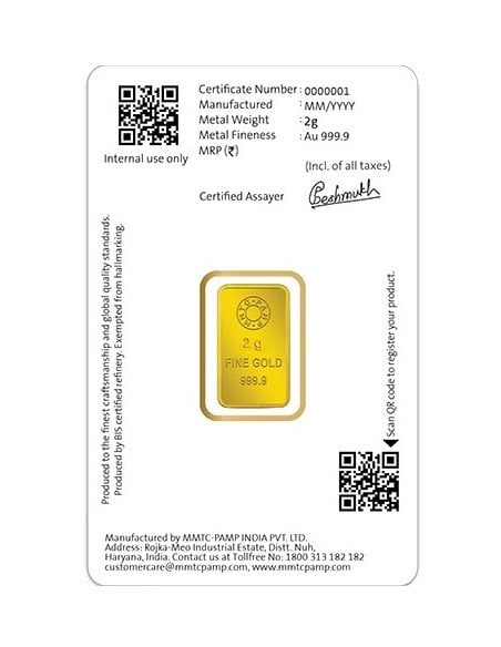 MMTC-PAMP Gold Lotus Bar of 2 Grams 24 Karat in 999.9 Purity / Fineness in Certi Card