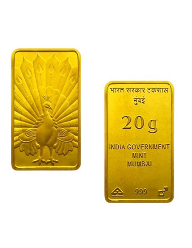 India Govt. Mint  Peacock Design Indian Gold Bar Of 20 grams in 999 purity Fineness