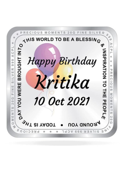 ACPL Personalised  BIS Hallmarked Happy Birthday Silver Square Coin Of 20 Gram in 999 Purity / Fineness