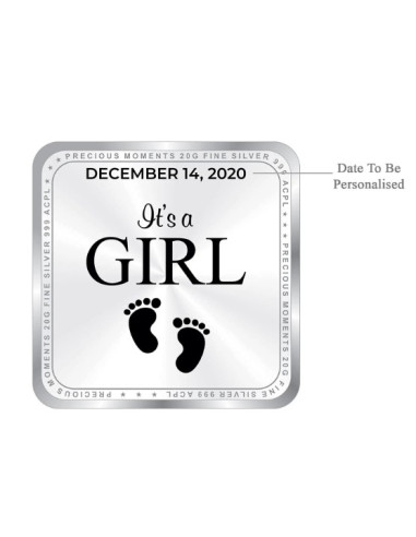 ACPL Personalised BIS Hallmarked New Born Baby Girl Silver Square Coin Of 20 Gram in 999 Purity / Fineness
