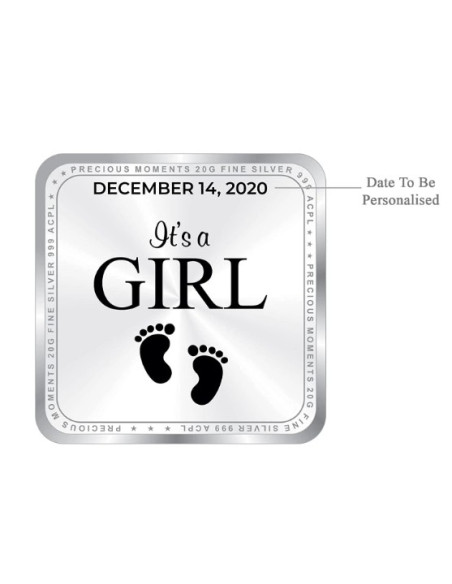 ACPL Personalised BIS Hallmarked New Born Baby Girl Silver Square Coin Of 20 Gram in 999 Purity / Fineness