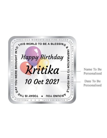 ACPL Personalised  BIS Hallmarked Happy Birthday Silver Square Coin Of 20 Gram in 999 Purity / Fineness