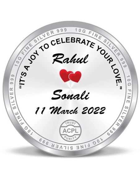 ACPL Personalised BIS Hallmarked Newly Married Silver Coin Of 10 Gram in 999 Purity / Fineness