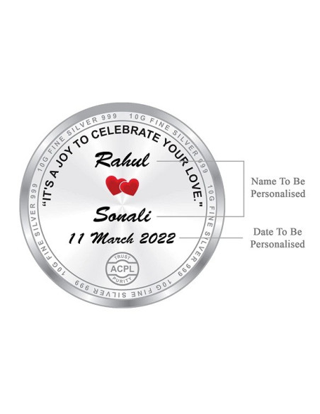 ACPL Personalised BIS Hallmarked Newly Married Silver Coin Of 10 Gram in 999 Purity / Fineness