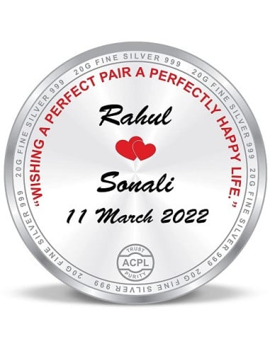 ACPL Personalised BIS Hallmarked Wedding Anniversaery Silver Coin Of 20 Gram in 999 Purity / Fineness