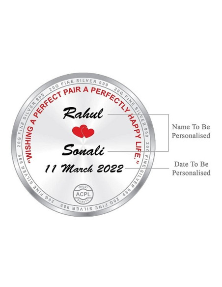 ACPL Personalised BIS Hallmarked Wedding Anniversaery Silver Coin Of 20 Gram in 999 Purity / Fineness