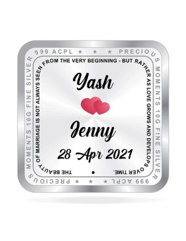 ACPL Personalised BIS Hallmarked NewMarried Silver Square Coin Of 10 Gram in 999 Purity / Fineness