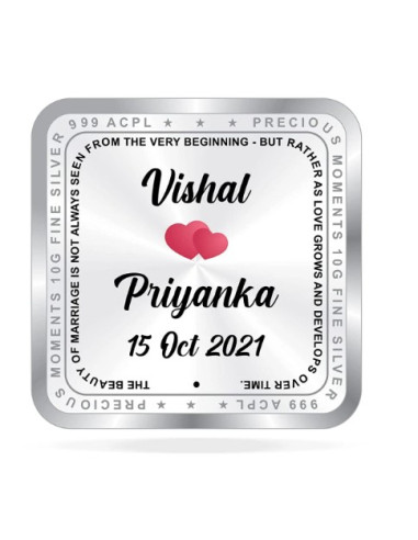 ACPL Personalised BIS Hallmarked NewMarried Silver Square Coin Of 10 Gram in 999 Purity / Fineness