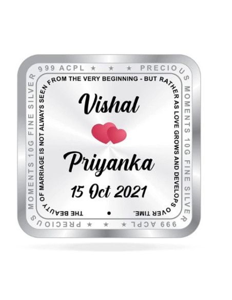 ACPL Personalised BIS Hallmarked NewMarried Silver Square Coin Of 10 Gram in 999 Purity / Fineness