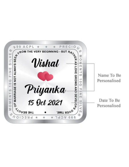ACPL Personalised BIS Hallmarked NewMarried Silver Square Coin Of 10 Gram in 999 Purity / Fineness