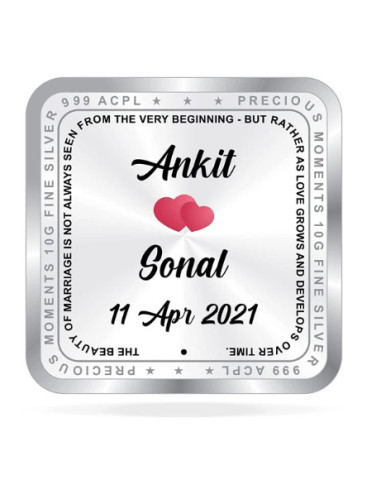ACPL Personalised BIS Hallmarked Newly Married Silver Square Coin Of 10 Gram in 999 Purity / Fineness