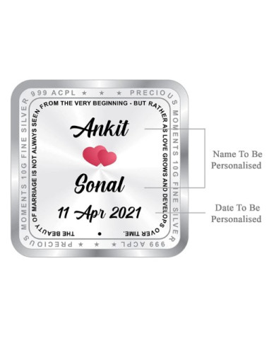 ACPL Personalised BIS Hallmarked Newly Married Silver Square Coin Of 10 Gram in 999 Purity / Fineness