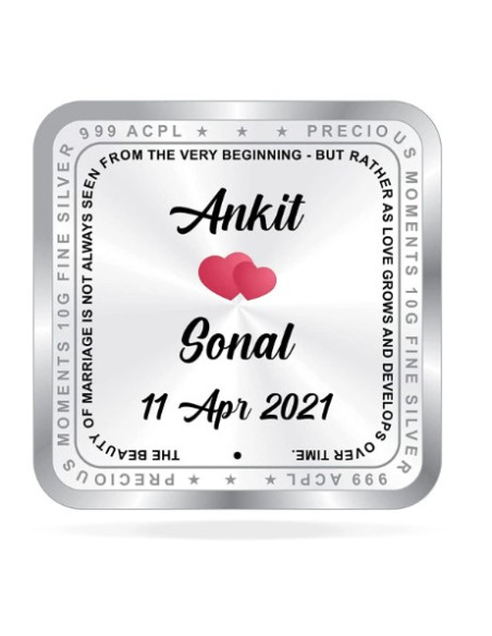 ACPL Personalised BIS Hallmarked Newly Married Silver Square Coin Of 10 Gram in 999 Purity / Fineness