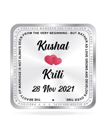 ACPL Personalised BIS Hallmarked Newly Married Silver Square Coin Of 10 Gram in 999 Purity / Fineness