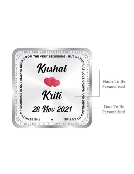 ACPL Personalised BIS Hallmarked Newly Married Silver Square Coin Of 10 Gram in 999 Purity / Fineness