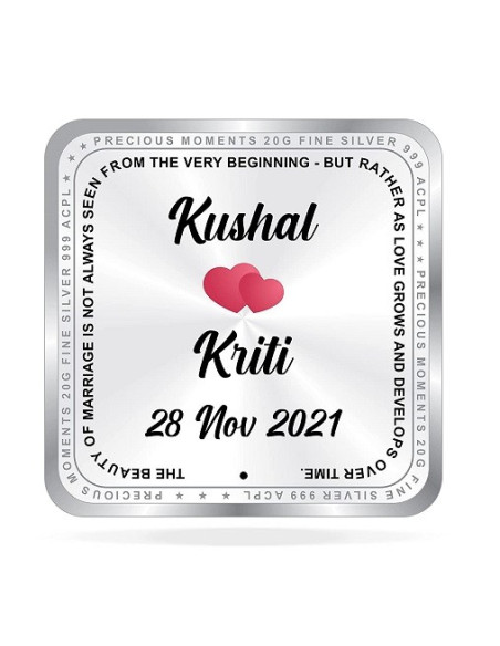ACPL Personalised BIS Hallmarked Newly Married Silver Square Coin Of 20 Gram in 999 Purity / Fineness