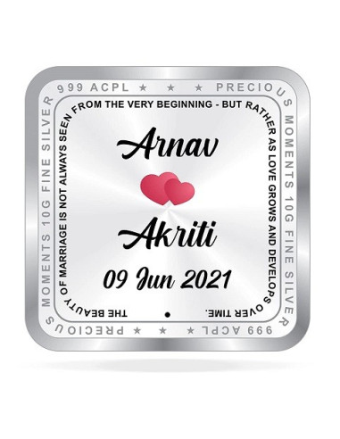 ACPL Personalised BIS Hallmarked Newly Married Silver Square Coin Of 10 Gram in 999 Purity / Fineness