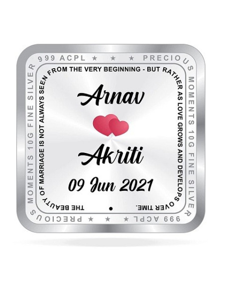 ACPL Personalised BIS Hallmarked Newly Married Silver Square Coin Of 10 Gram in 999 Purity / Fineness