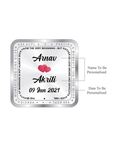 ACPL Personalised BIS Hallmarked Newly Married Silver Square Coin Of 10 Gram in 999 Purity / Fineness