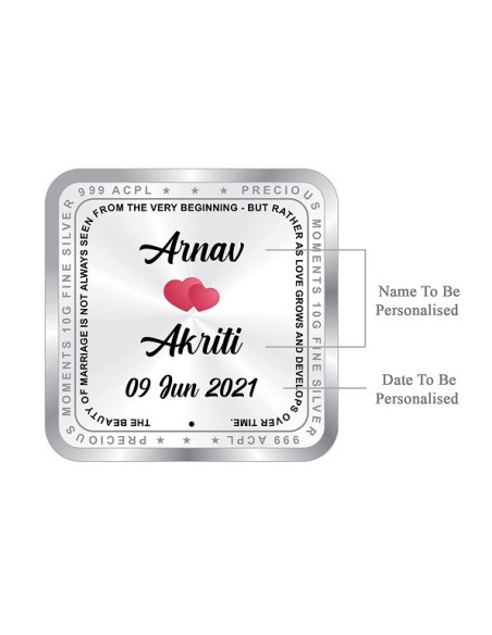 ACPL Personalised BIS Hallmarked Newly Married Silver Square Coin Of 10 Gram in 999 Purity / Fineness