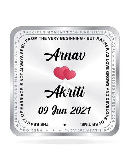 ACPL Personalised BIS Hallmarked Newly Married Silver Square Coin Of 20 Gram in 999 Purity / Fineness