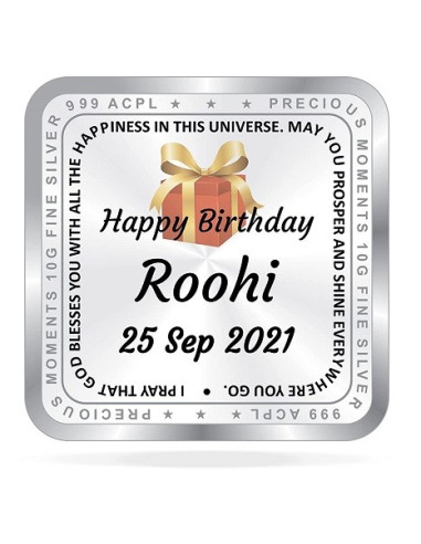 ACPL Personalised BIS Hallmarked Happy Birthday Silver Square Coin Of 10 Gram in 999 Purity / Fineness