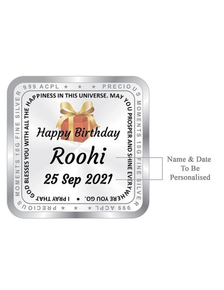 ACPL Personalised BIS Hallmarked Happy Birthday Silver Square Coin Of 10 Gram in 999 Purity / Fineness