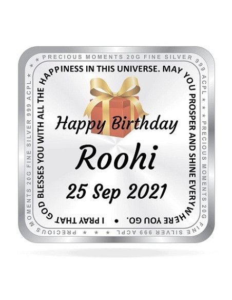 ACPL Personalised BIS Hallmarked Happy Birthday Silver Square Coin Of 20 Gram in 999 Purity / Fineness